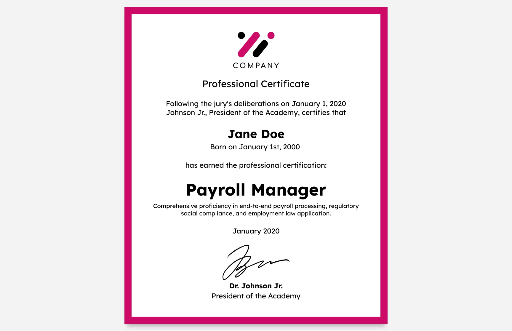 Free, editable, and printable Modern portrait magenta professional certificate template