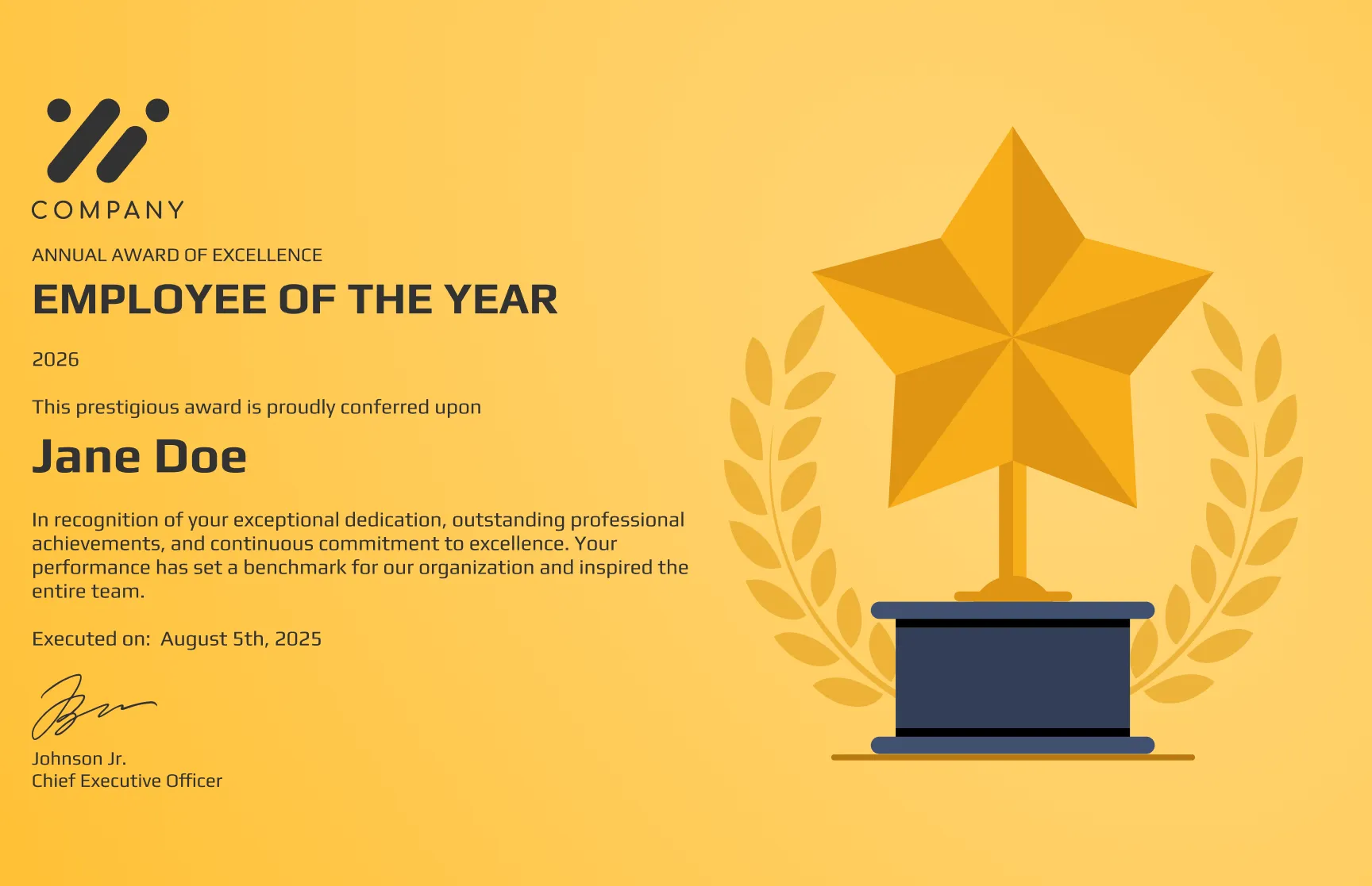 Free, editable, and printable Executive employee of the year award certificate template