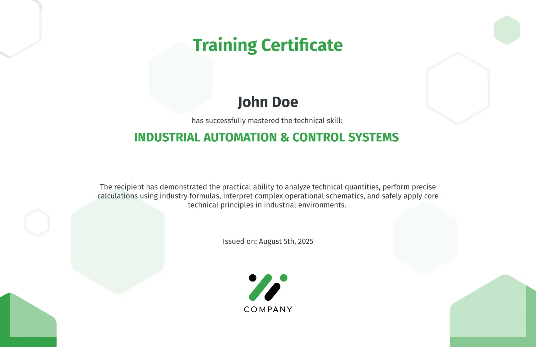 Free, editable, and printable Minimalist green hexagon training certificate template