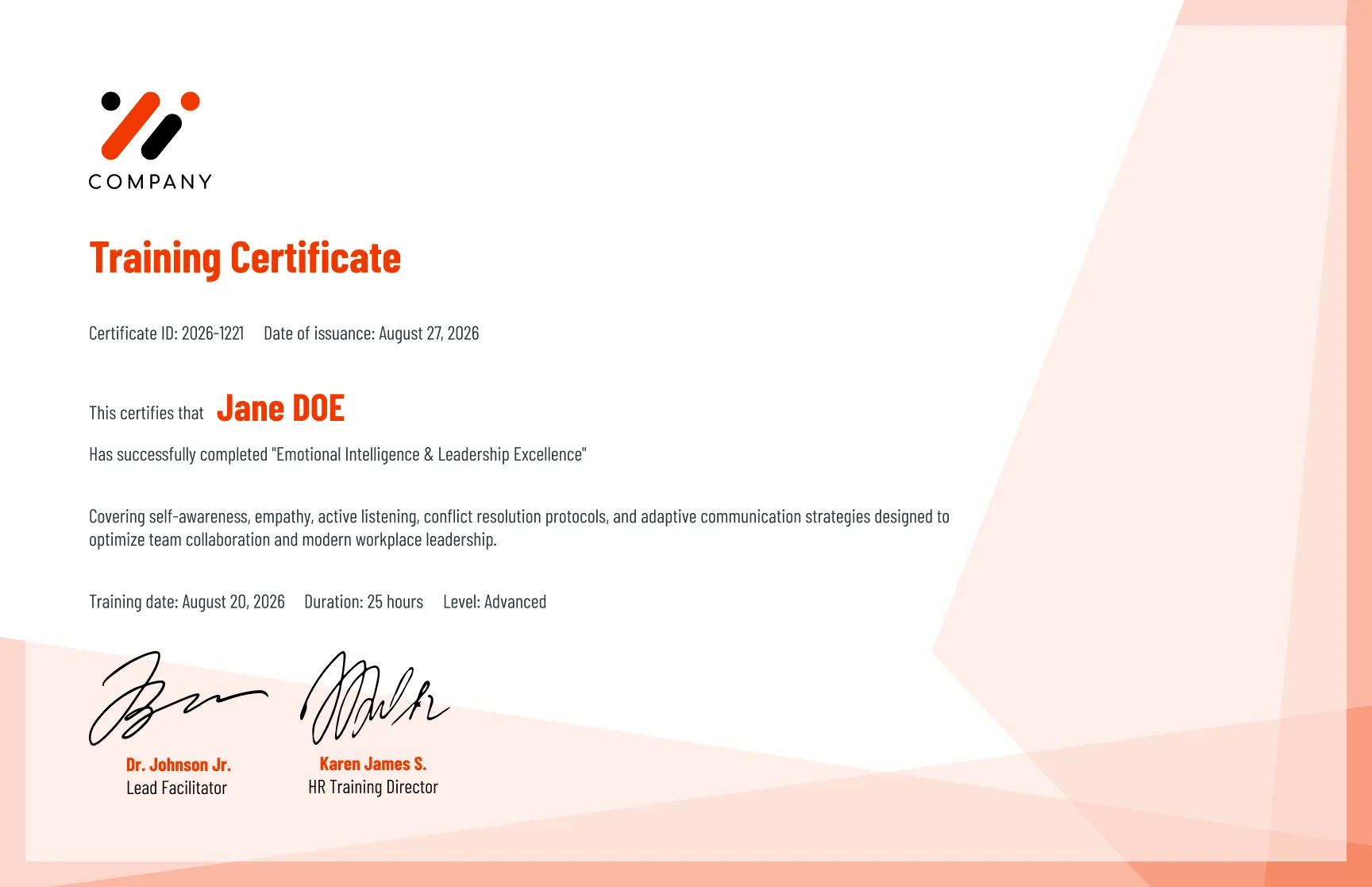 Free, editable, and printable Modern abstract peach training certificate template