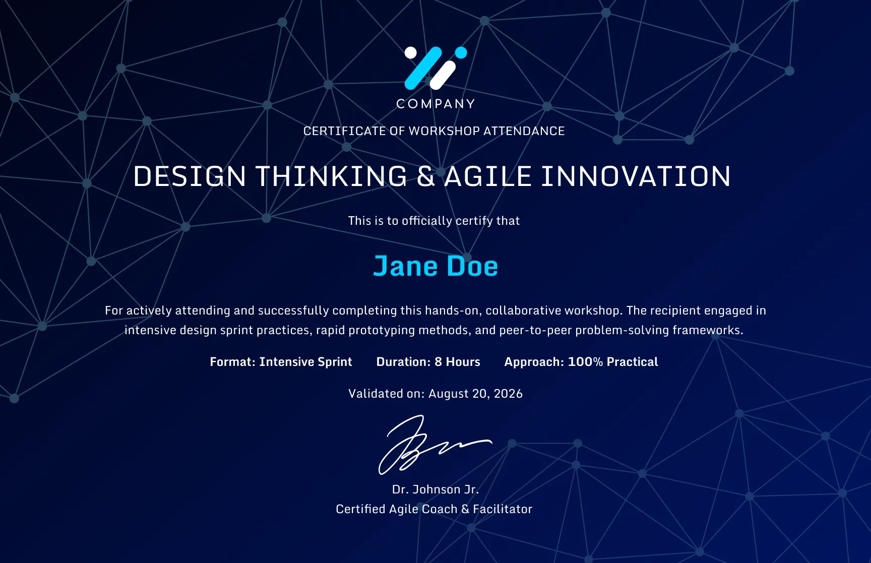 Free, editable, and printable Dynamic agile innovation attendance certificate template