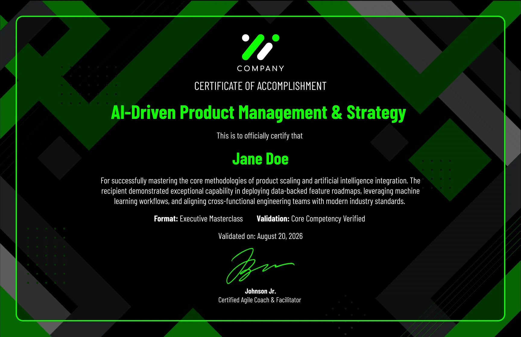 Free, editable, and printable Modern dark green geometric accomplishment certificate template