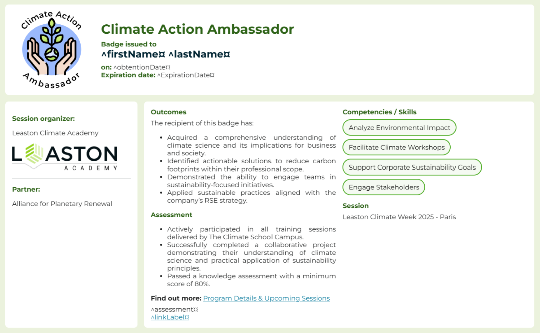 Free, editable, and printable Eco green circular badge climate action micro-credential template