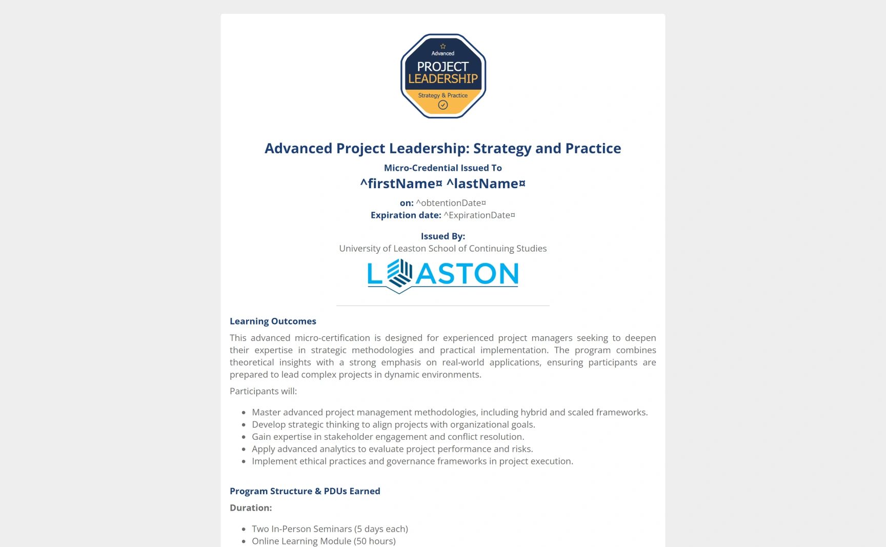 Free, editable, and printable Blue and gold single column project leadership micro-credential template