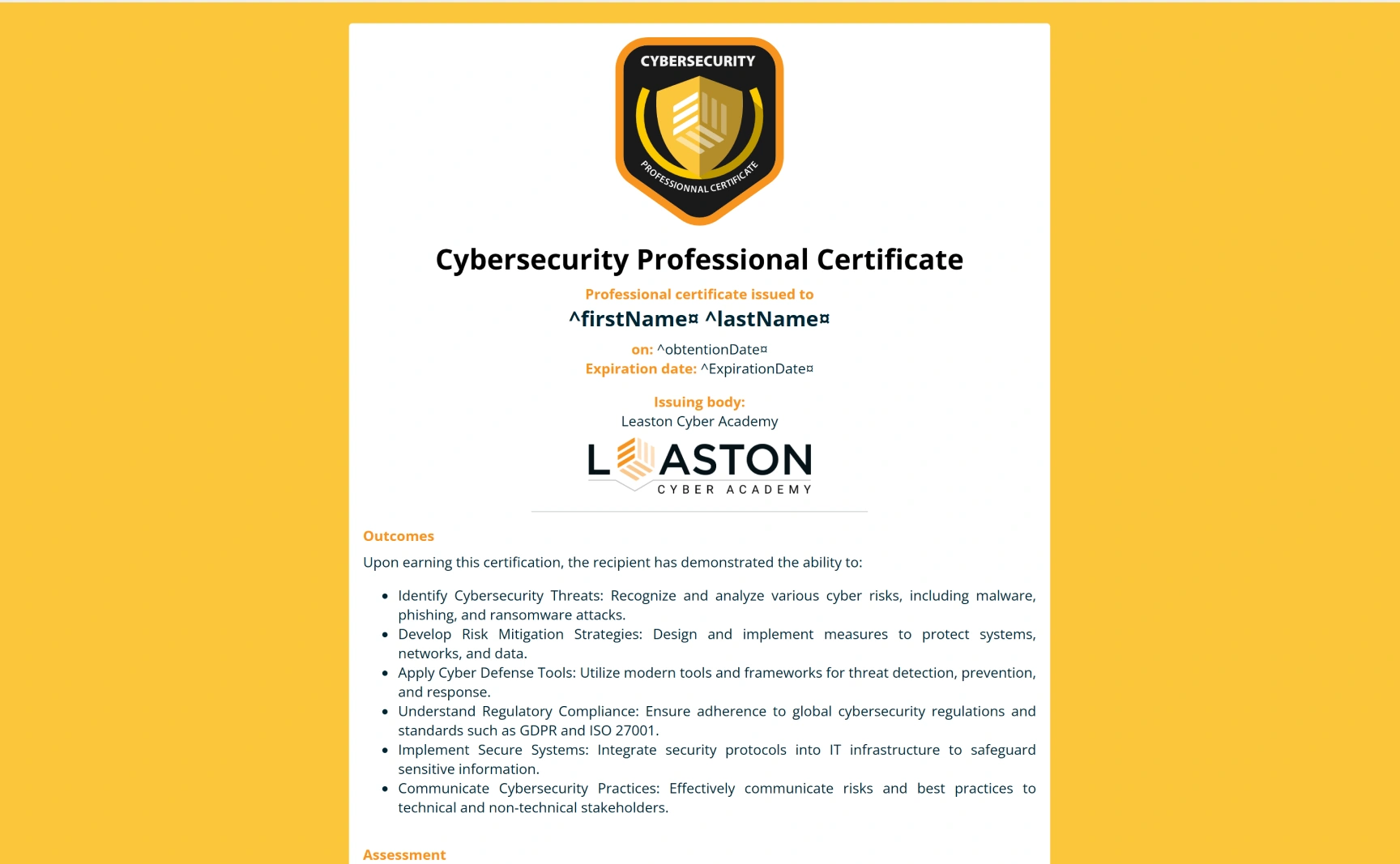 Free, editable, and printable Gold shield single column cybersecurity micro-credential template