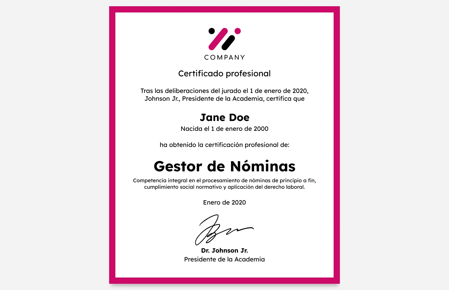 Plantillas de certificados profesionales de gerente de nómina en retrato moderno magenta gratis, editables e imprimibles