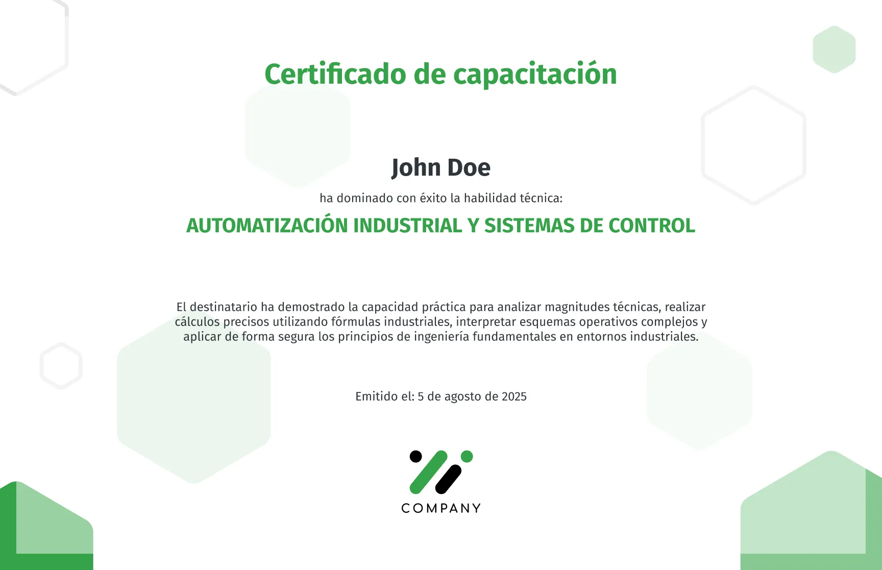 Plantilla de certificados de capacitación con hexágono verde minimalista gratis, editable e imprimible