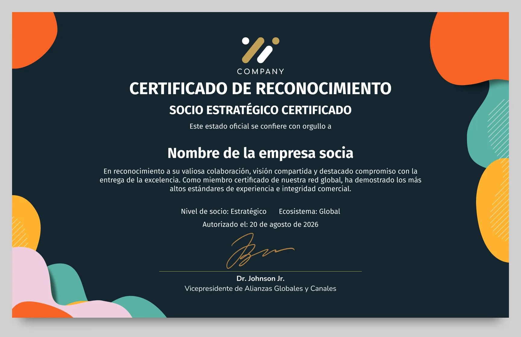 Plantilla de certificado de reconocimiento formal de socio estratégico gratis, editable e imprimible