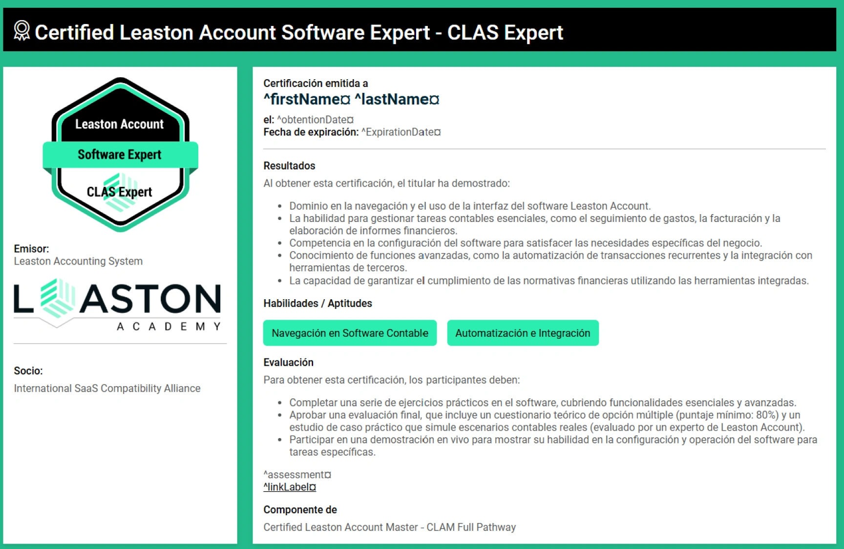 Plantilla de microcertificación de software contable con insignia hexagonal verde gratis, editable e imprimible