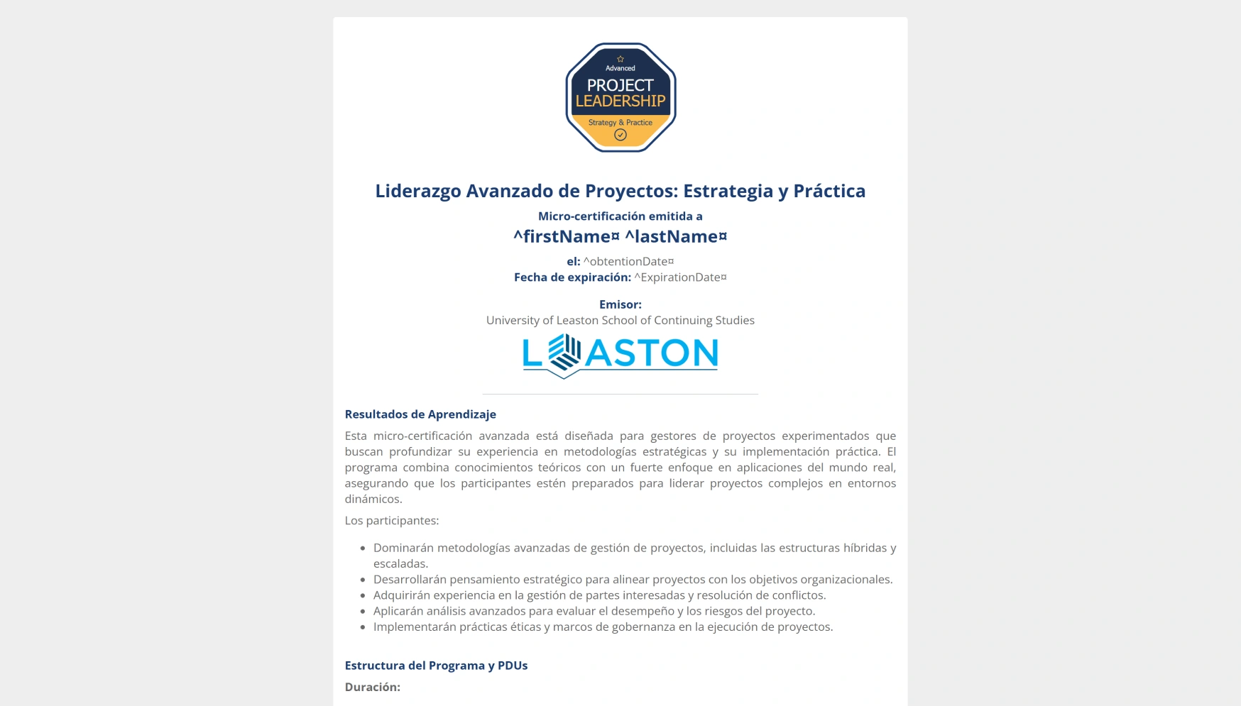 Plantilla de microcertificación de liderazgo de proyectos azul y oro de una columna gratis, editable e imprimible