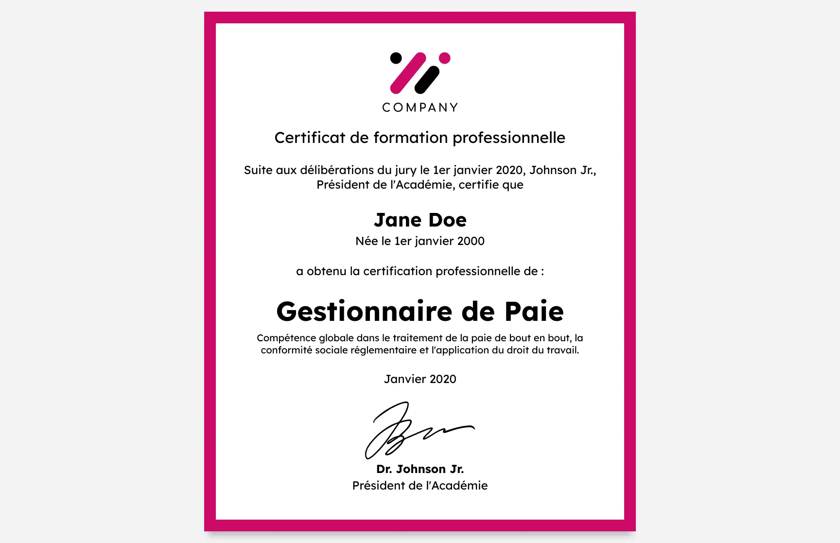 Modèle de certificat de formation professionnelle au format portrait magenta gratuit, modifiable et imprimable
