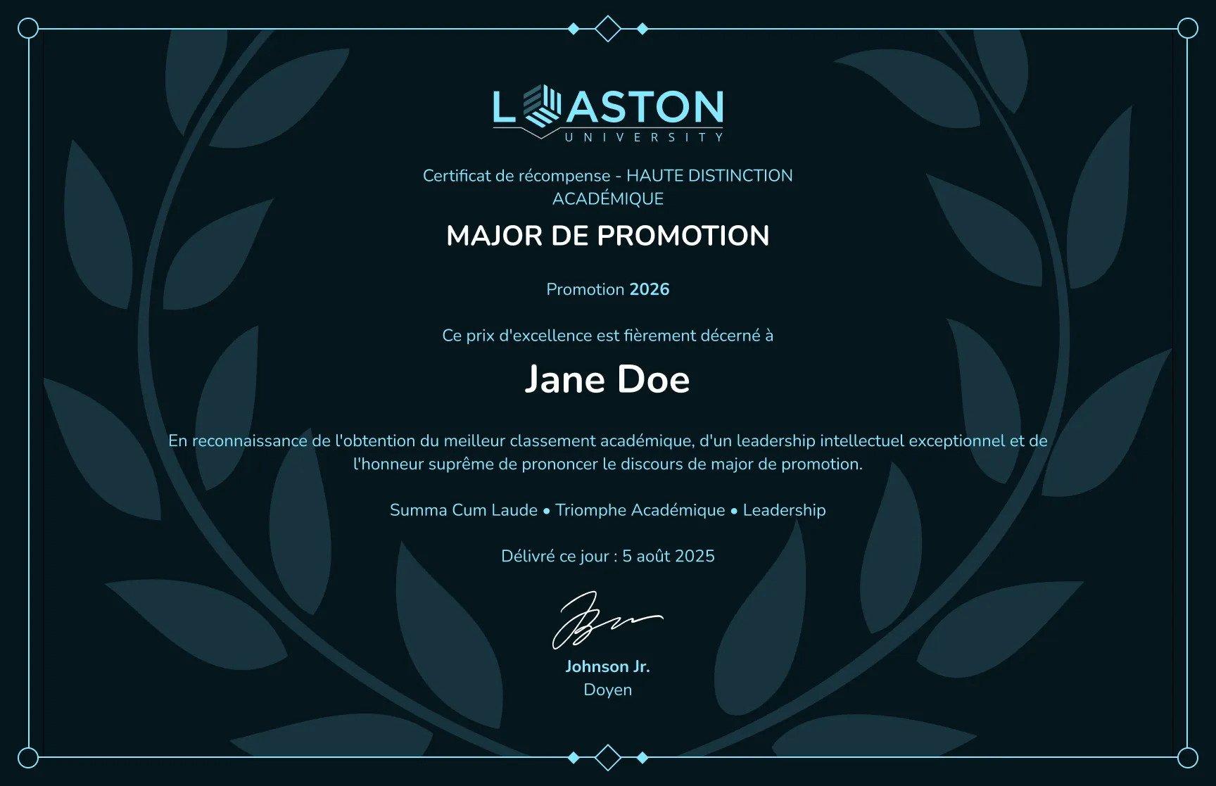 Modèle de certificat de récompense académique aux lauriers sombres gratuit, modifiable et imprimable