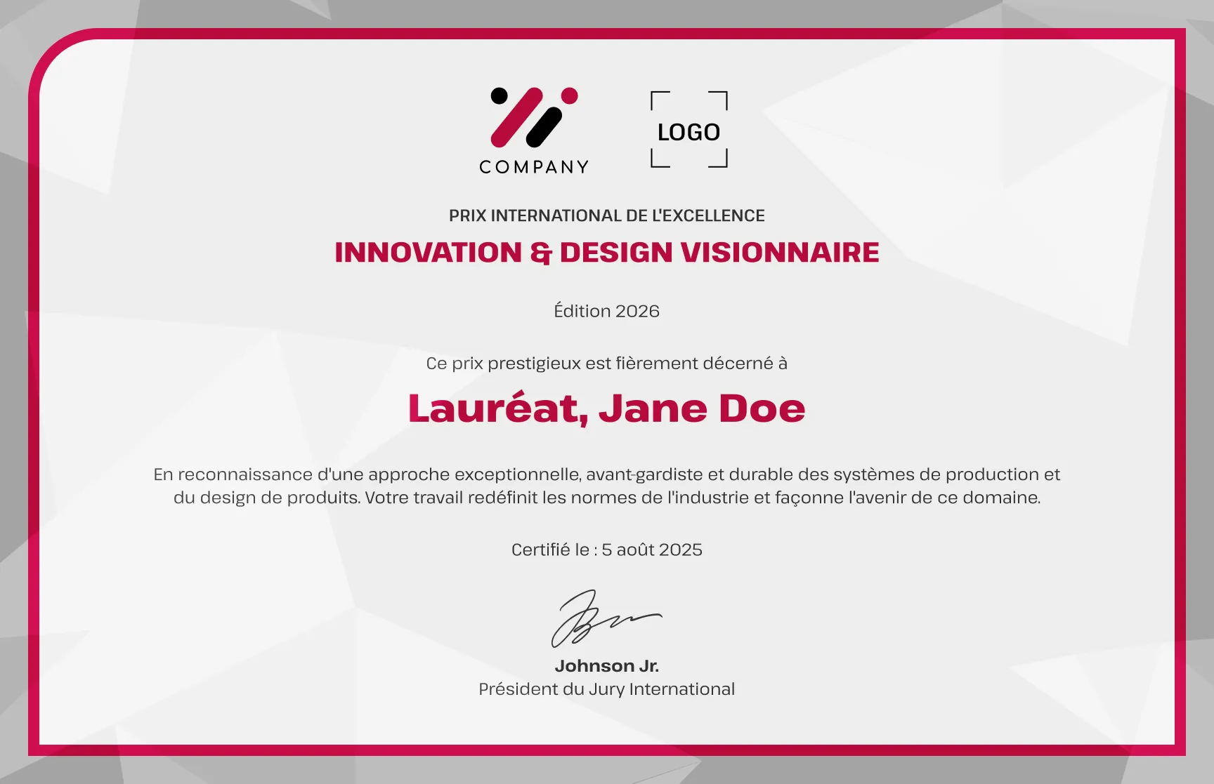 Modèle de certificat de récompense géométrique rouge moderne gratuit, modifiable et imprimable
