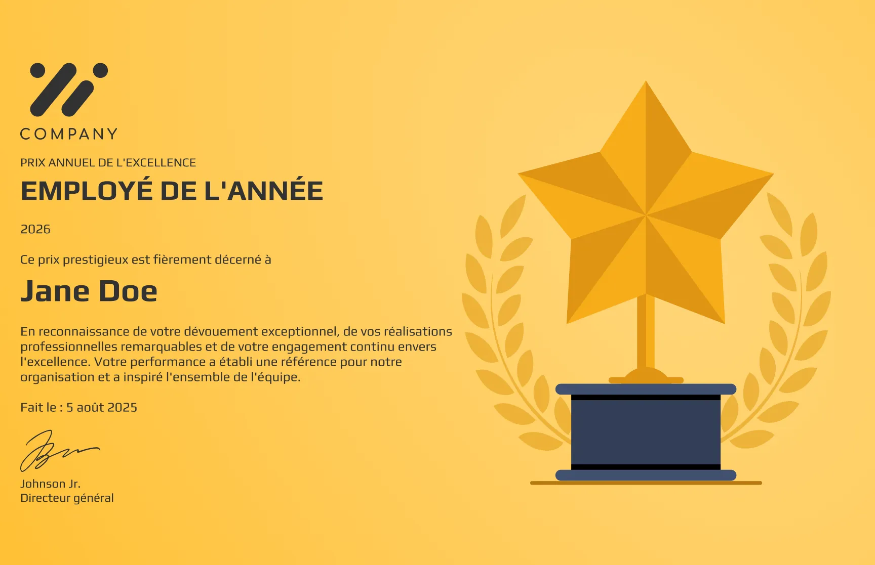 Modèle de certificat de récompense de niveau exécutif pour l'employé de l'année gratuit, modifiable et imprimable