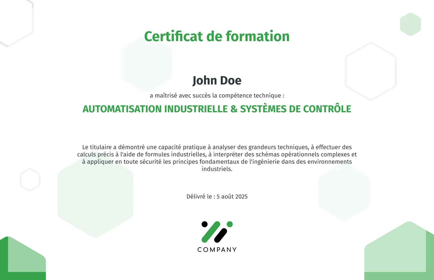 Modèle de certificat de formation minimaliste aux hexagones verts gratuit, modifiable et imprimable