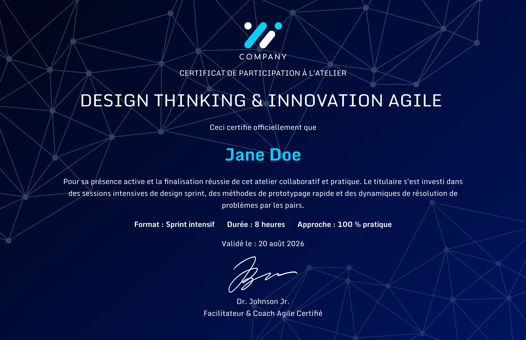 Modèle de certificat de participation à l'innovation agile dynamique gratuit, modifiable et imprimable