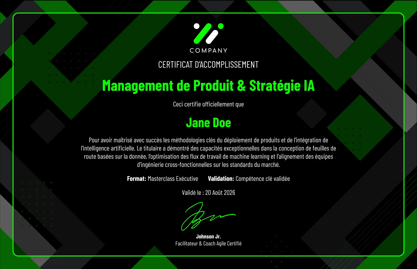 Modèle de certificat d’accomplissement géométrique vert foncé moderne gratuit, modifiable et imprimable