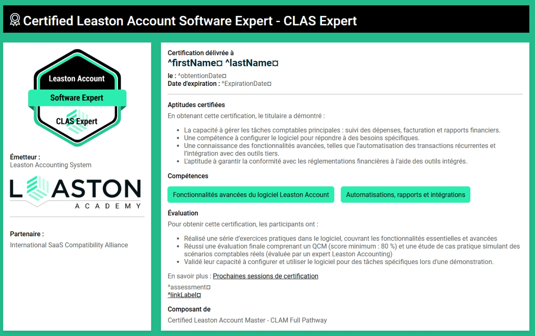 Modèle de micro-certification logiciel comptable badge hexagonal vert moderne gratuit, modifiable et imprimable