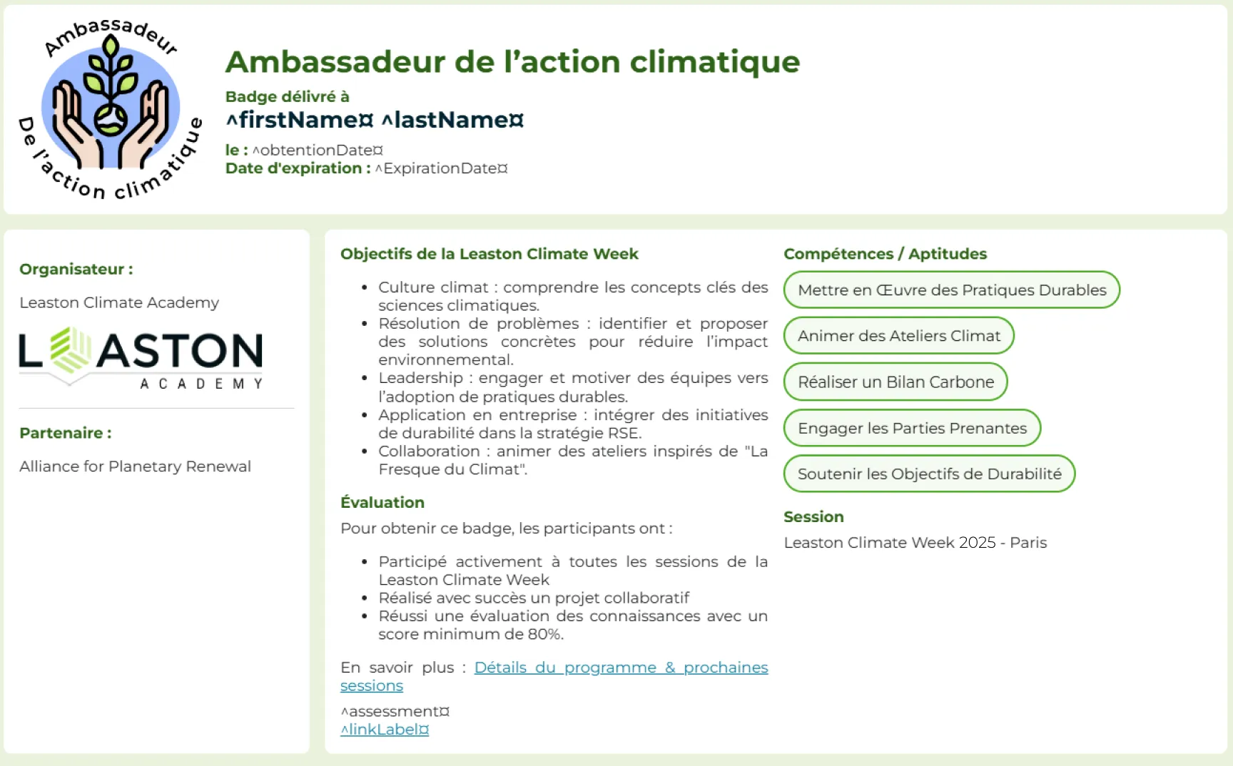 Modèle de micro-certification ambassadeur climat badge éco vert gratuit, modifiable et imprimable