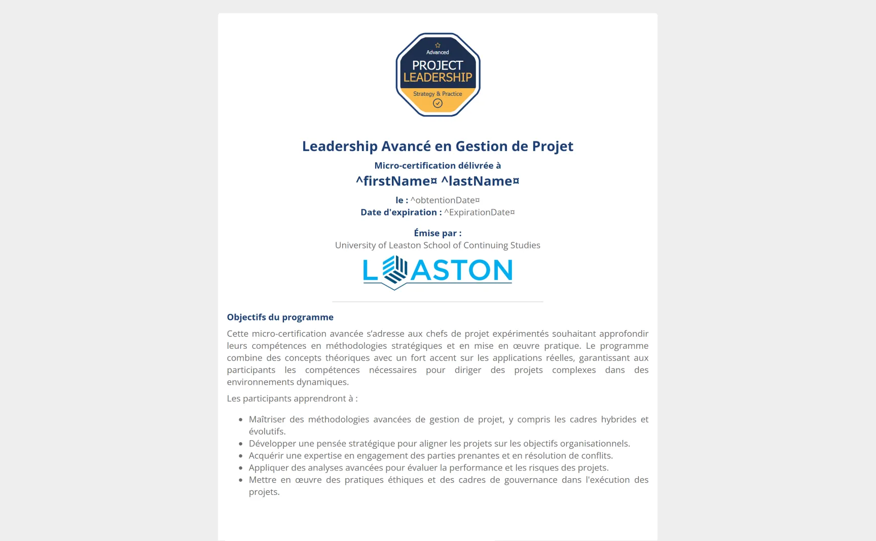 Modèle de micro-certification leadership de projet bleu et or à colonne unique gratuit, modifiable et imprimable
