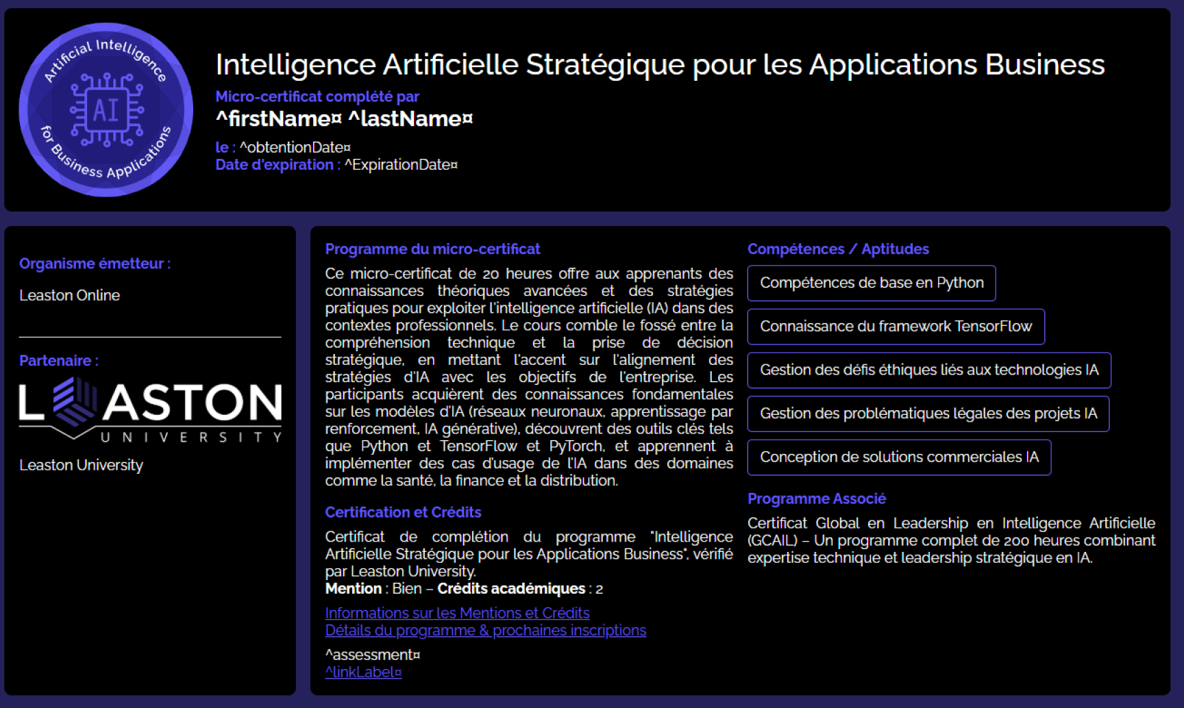Modèle de micro-certification intelligence artificielle violet foncé à trois colonnes gratuit, modifiable et imprimable