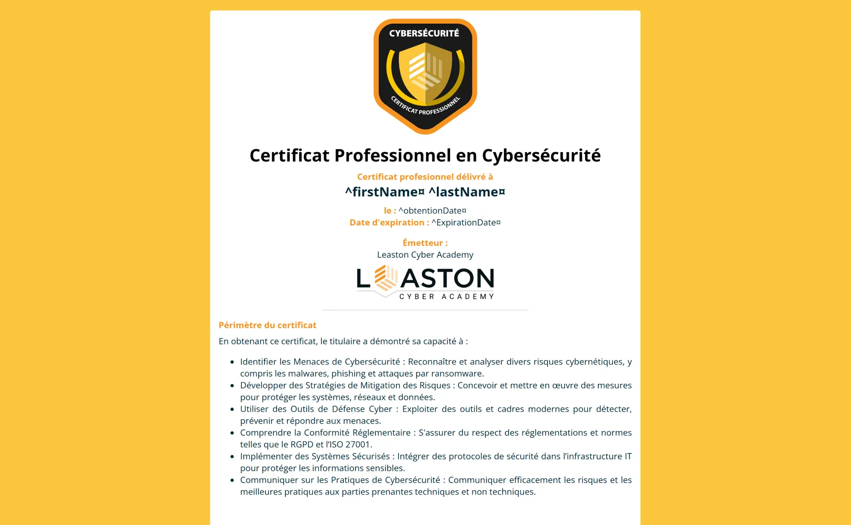 Modèle de micro-certification cybersécurité écusson doré à colonne unique gratuit, modifiable et imprimable