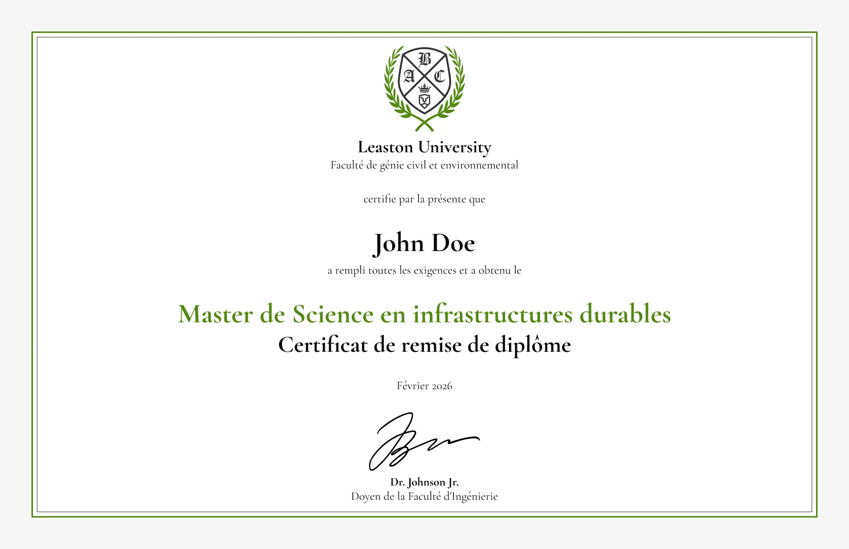 Modèle de certificat de remise de diplôme universitaire classique à bordure verte gratuit, modifiable et imprimable