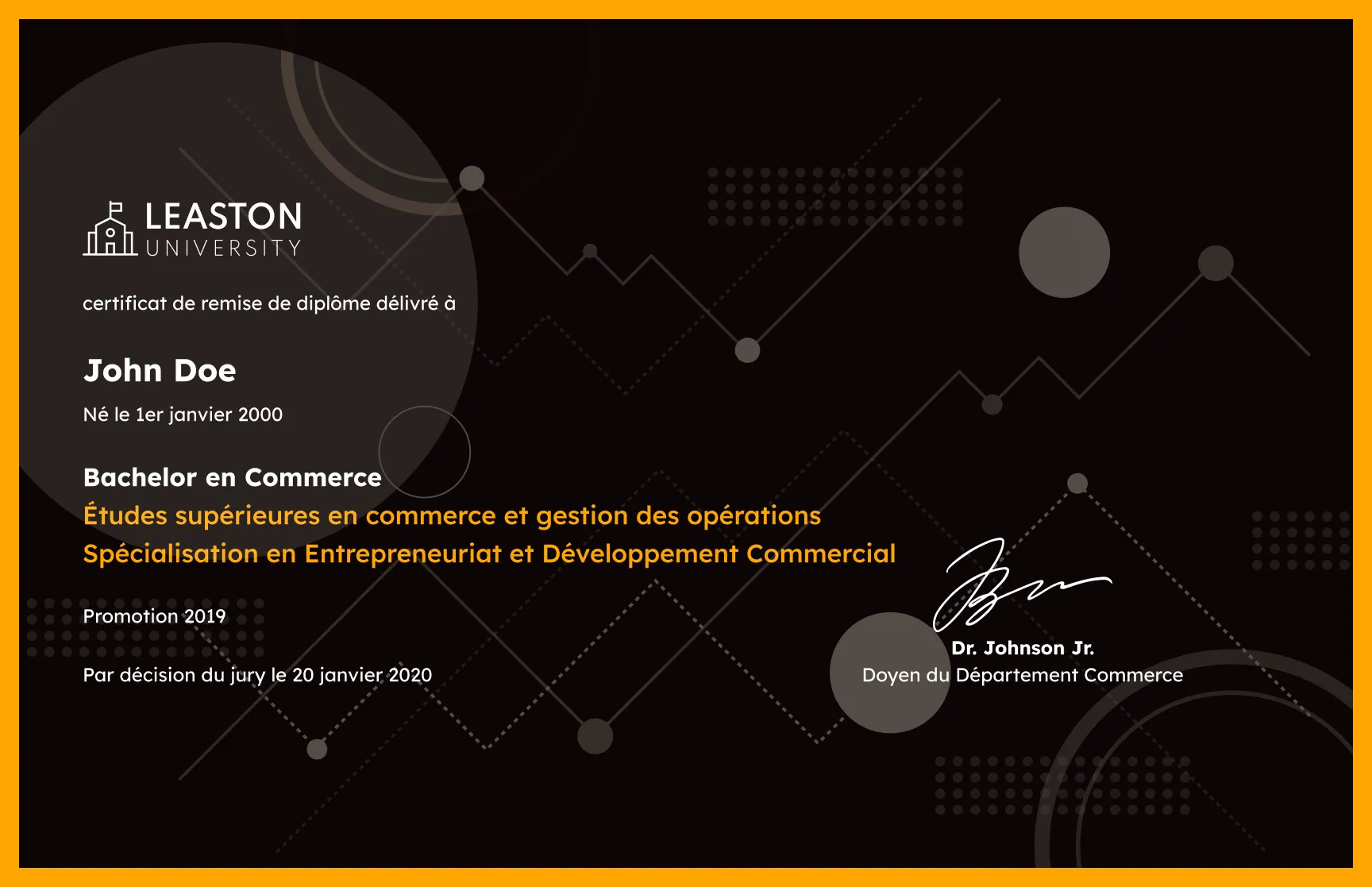 Modèle de certificat de remise de diplôme abstrait sombre premium gratuit, modifiable et imprimable