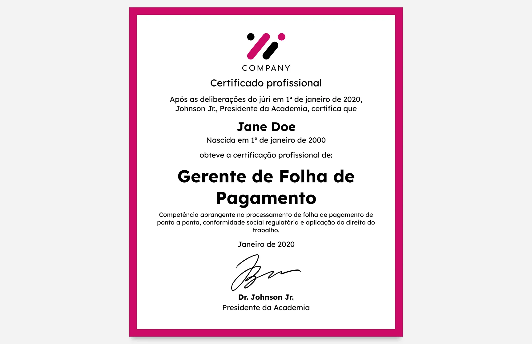 Modelo de certificado profissional retrato magenta moderno gratuito, editável e imprimível