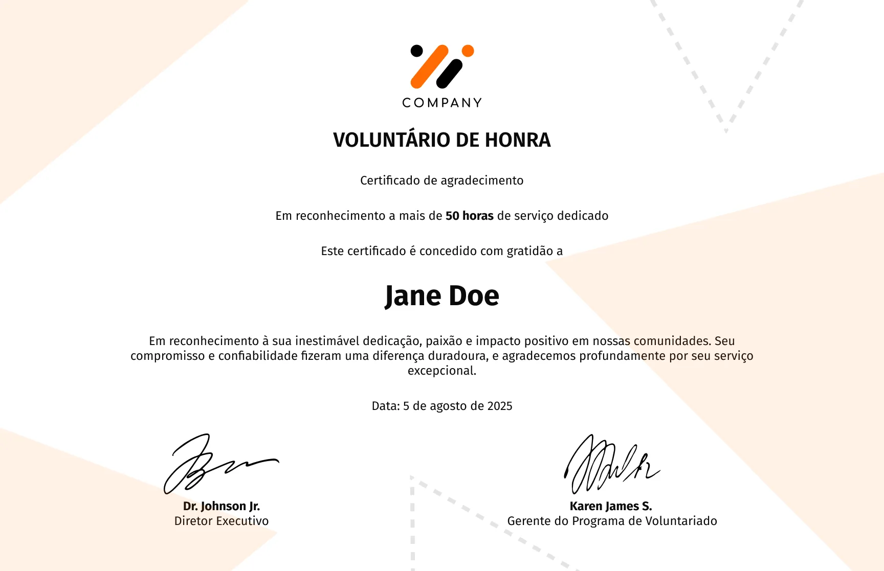 Modelo de certificado de agradecimento a voluntário honorário elegante gratuito, editável e imprimível