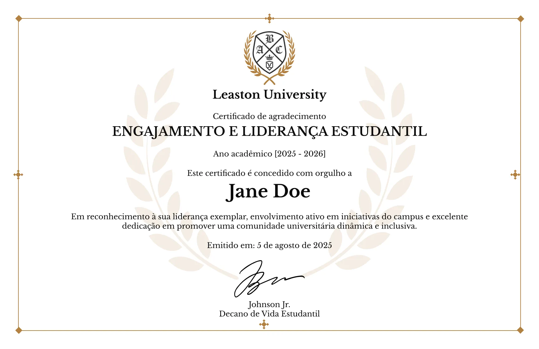 Modelo de certificado de agradecimento tradicional com louros dourados gratuito, editável e imprimível