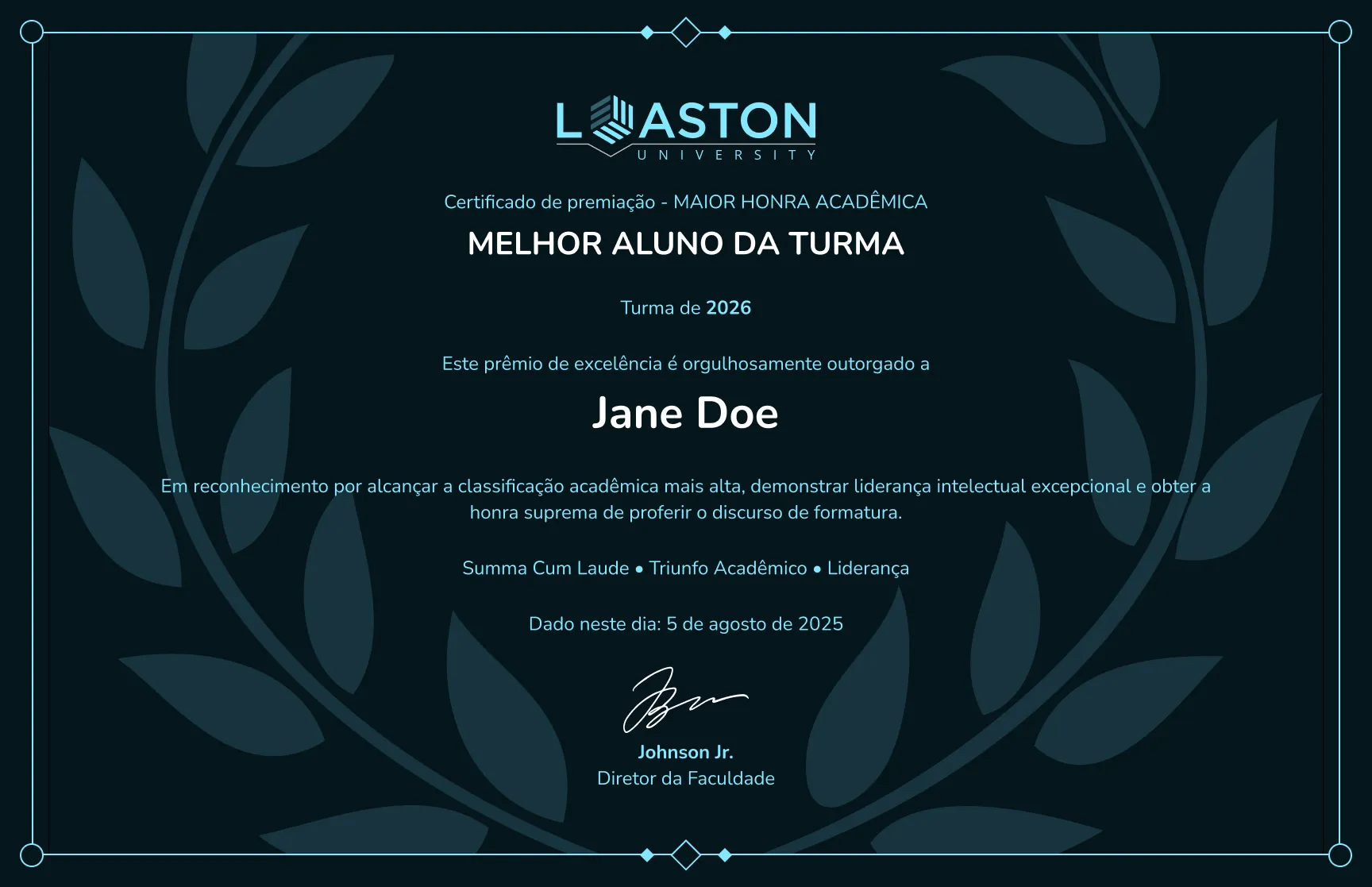 Modelo de certificado de prêmio acadêmico com coroa de louros escura gratuito, editável e imprimível