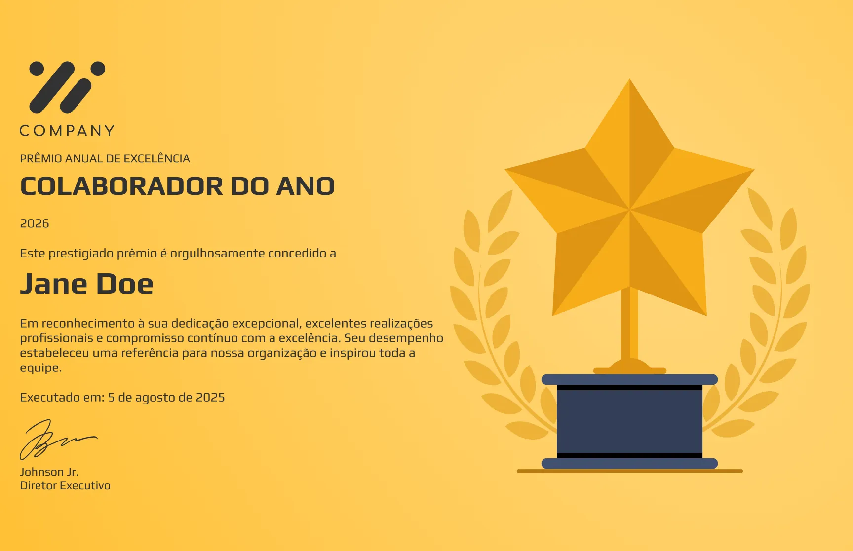 Modelo de certificado de prêmio de funcionário do ano executivo gratuito, editável e imprimível