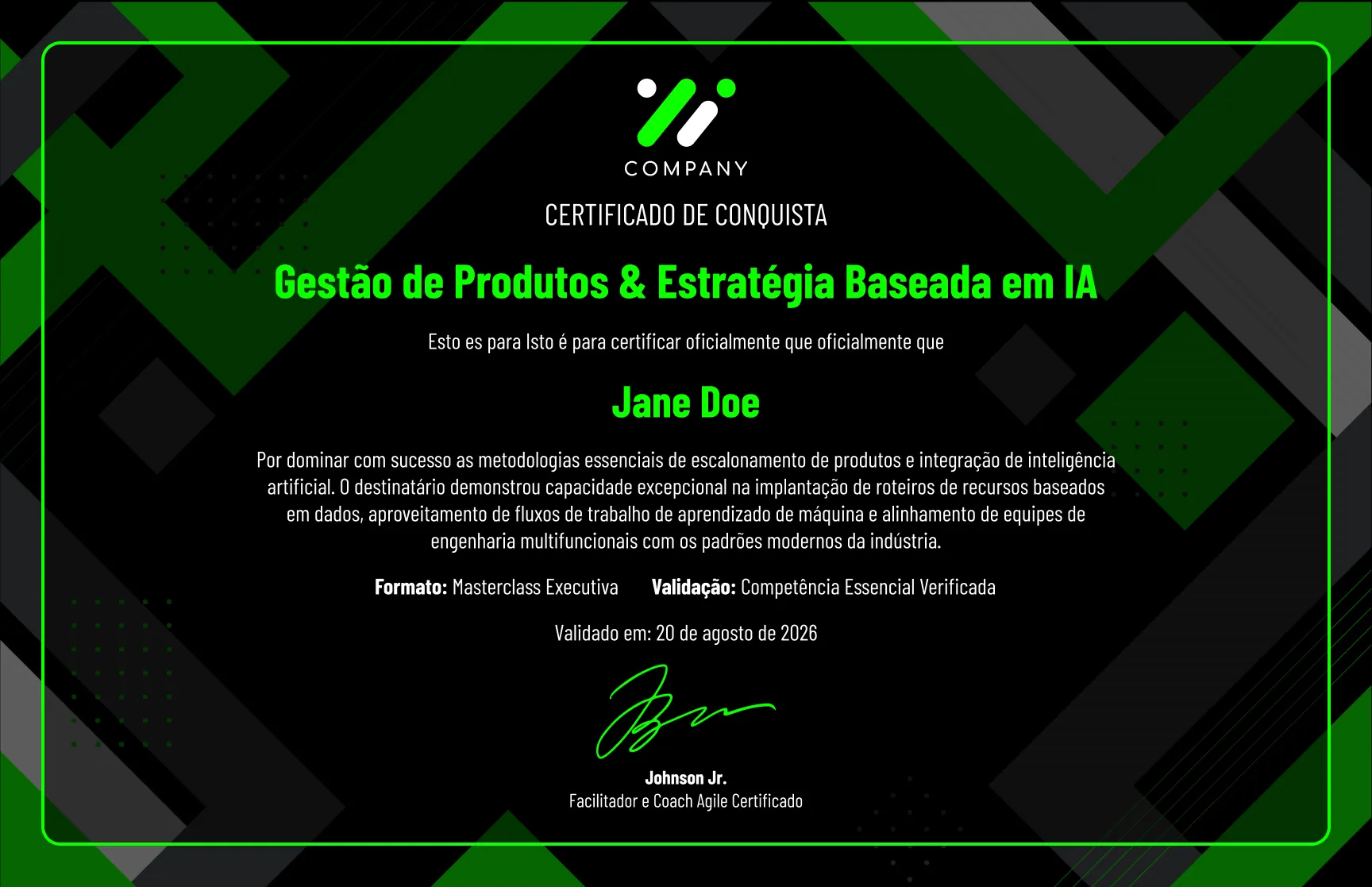 Modelo de certificado de conquista geométrico verde escuro moderno gratuito, editável e imprimível