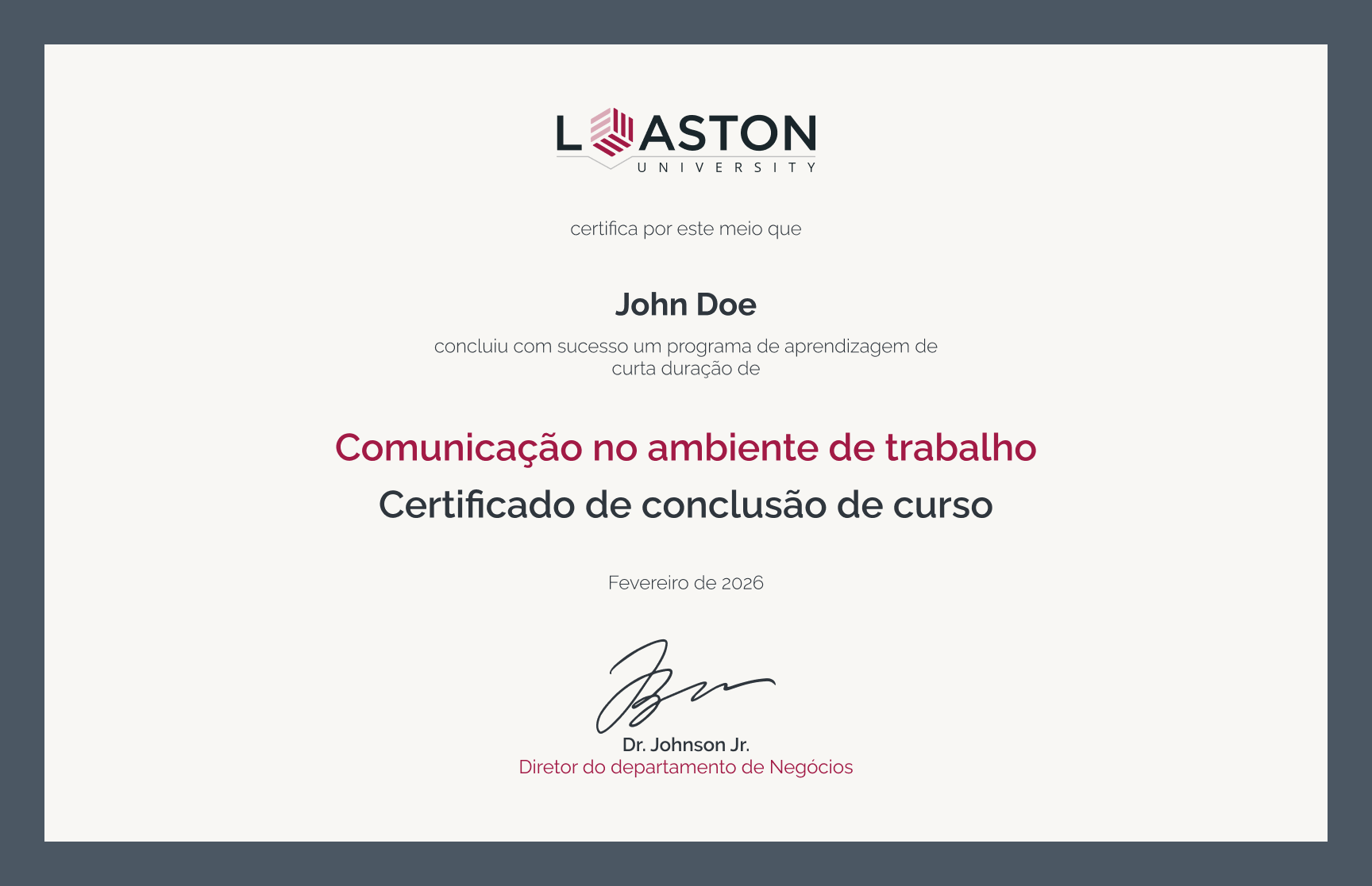 Modelo de certificado de conclusão de curso de comunicação minimalista gratuito, editável e imprimível