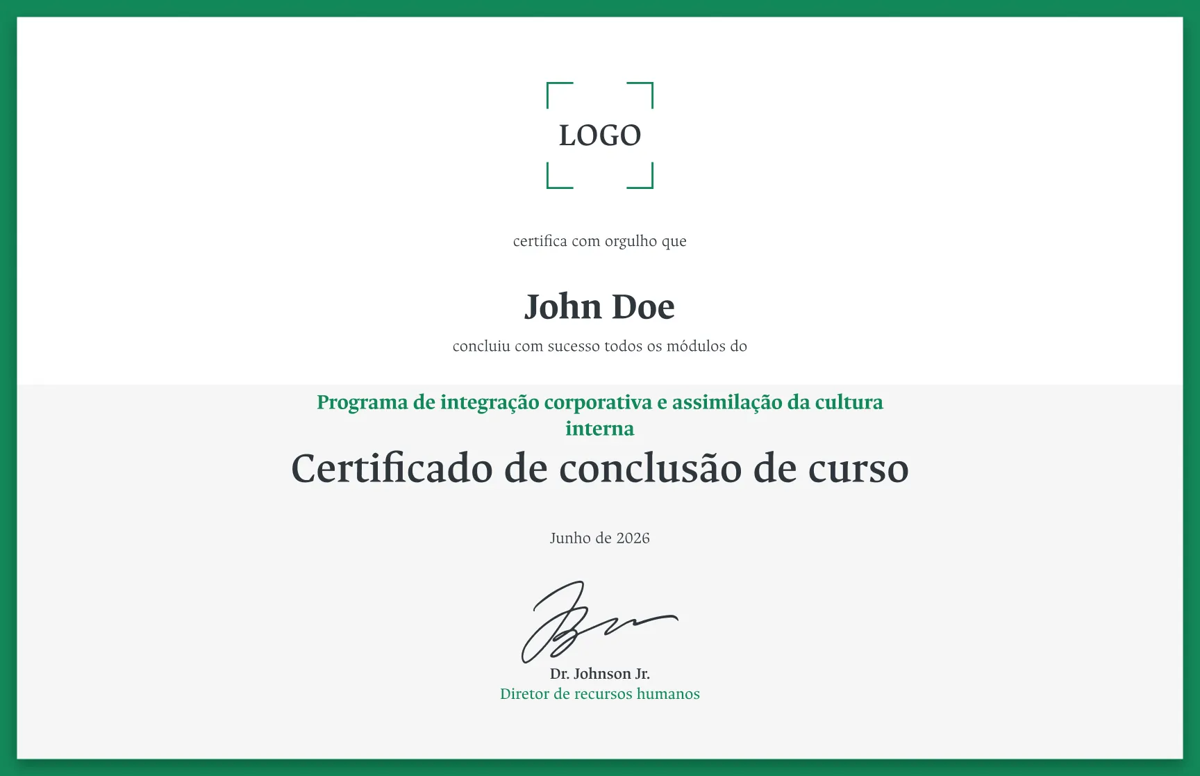Modelo de certificado de conclusão com moldura verde floresta limpa gratuito, editável e imprimível