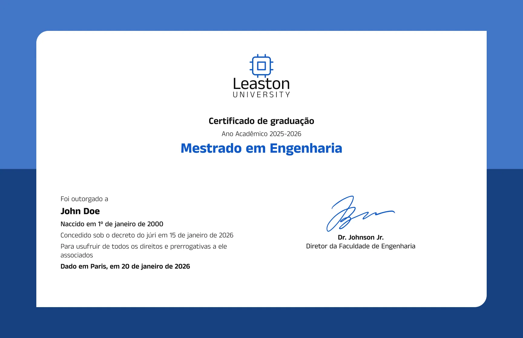 Modelo de certificado de graduação em engenharia universitária tradicional gratuito, editável e imprimível